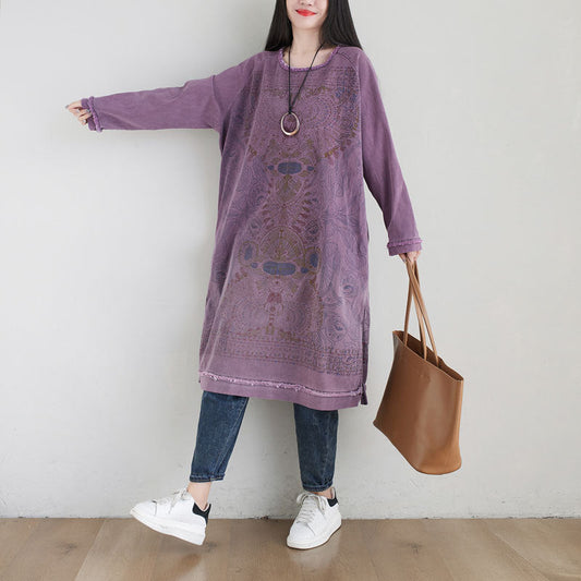 Personality Sweater Art Round Neck Mid Length Purple Gradient Dress
