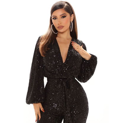 Fall Winter Slim V Neck One Piece Wide Leg Pants