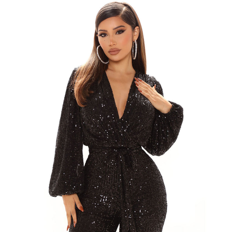 Fall Winter Slim V Neck One Piece Wide Leg Pants