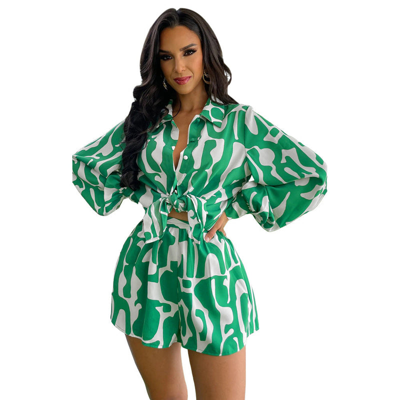 Loose Printed Long Shirt Shorts Suit Summer Two Piece Suit