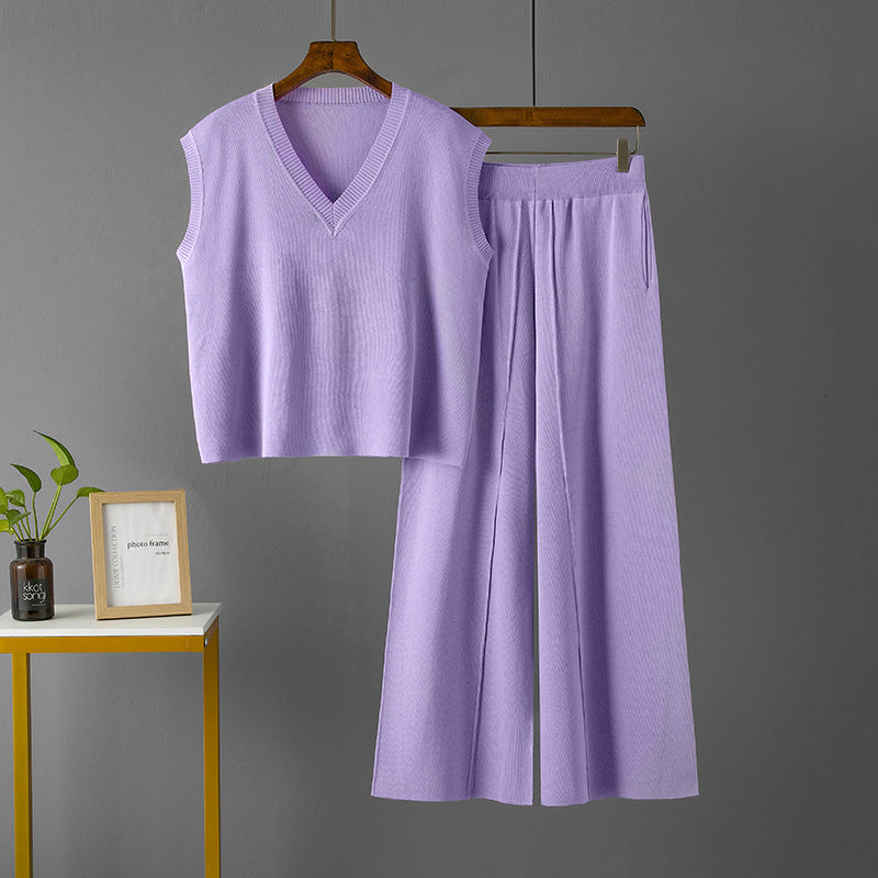 Suit V Neck Loose Sleeveless Knit Vest Top High Waist Loose Slimming Slit Wide Leg Pants