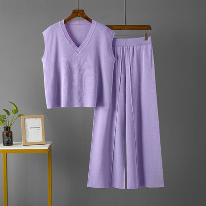 Suit V Neck Loose Sleeveless Knit Vest Top High Waist Loose Slimming Slit Wide Leg Pants