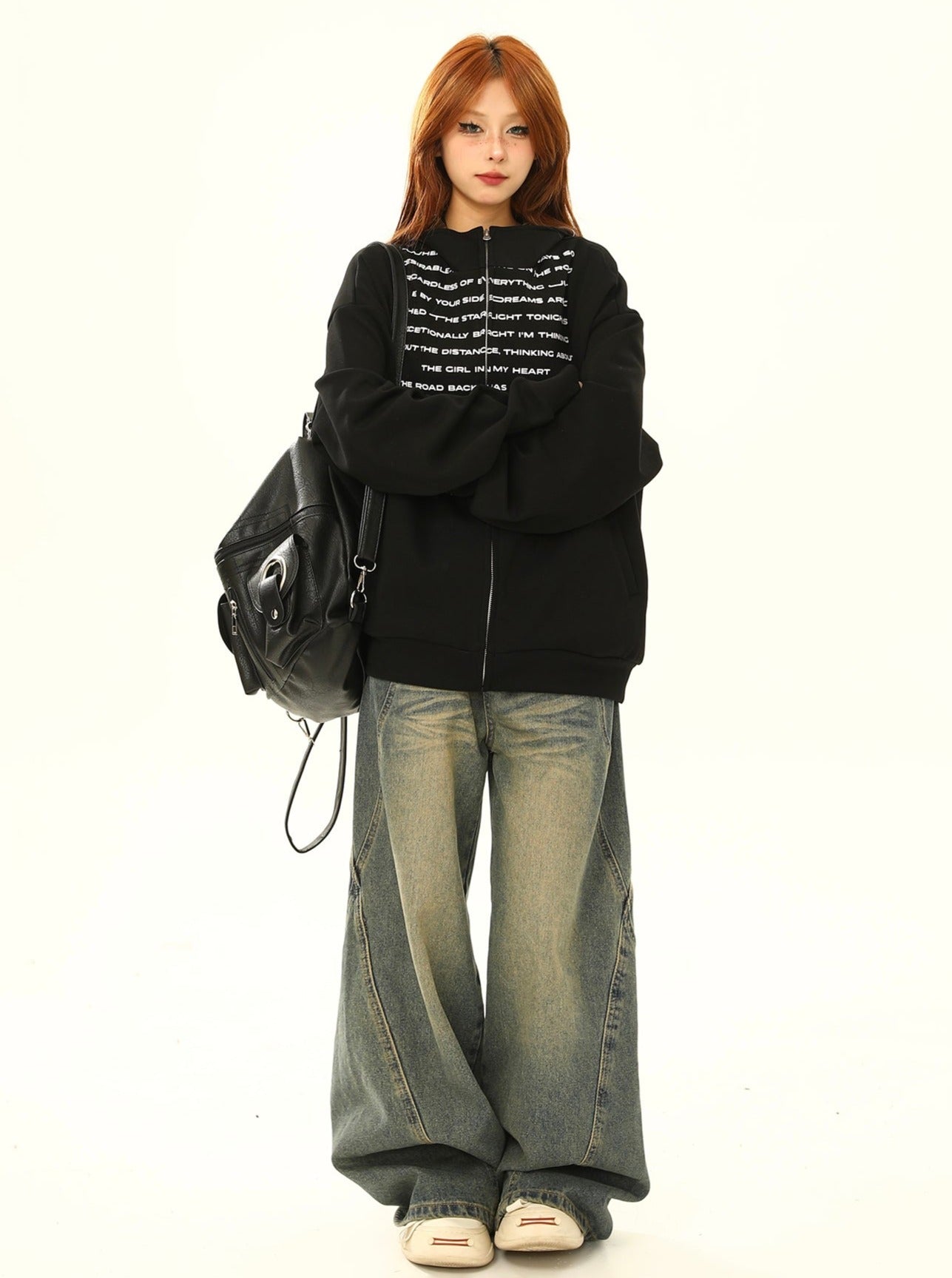 Oversized Text Print Zip-up Sweatshirt
