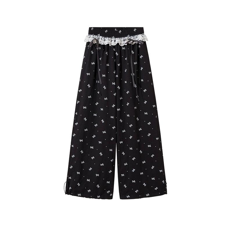 Rayohopp Bow-print Wide-leg Palazzo Pants - Drawstring Waist Lounge Trousers With Lace Trim