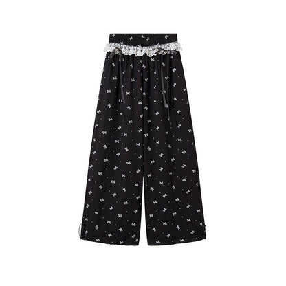 Rayohopp Bow-print Wide-leg Palazzo Pants - Drawstring Waist Lounge Trousers With Lace Trim