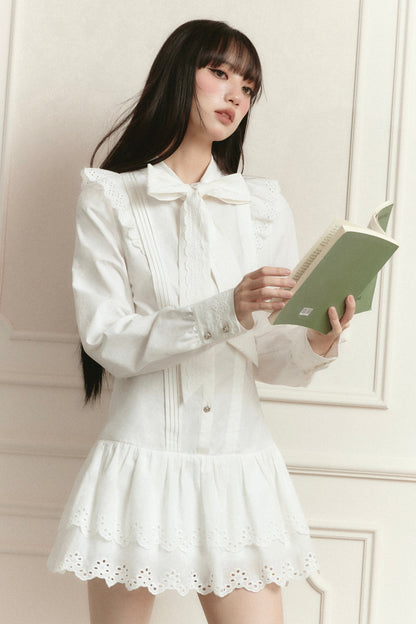 Romantic White Lace Mini Dress With Bow Tie Collar and Scalloped Hem