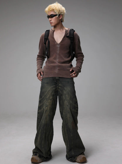Brown Textured V-neck Sweater
