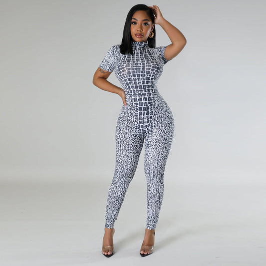 Trousers Printed Tight Short Sleeved Jumpsuit