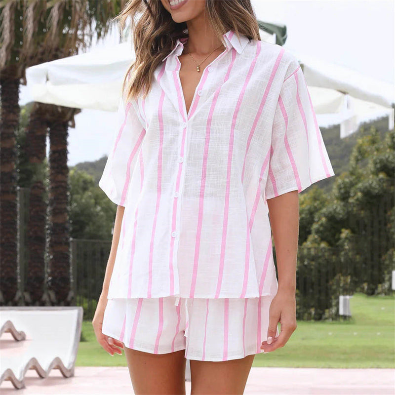 Spring Summer Striped Printed Short Sleeve Shirt Shorts Suit Beach Two Piece Suit Clothing