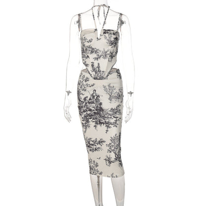 Summer Retro Printed Skirt Two-piece Set Set Corset