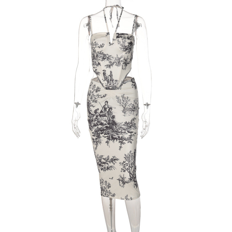 Summer Retro Printed Skirt Two-piece Set Set Corset