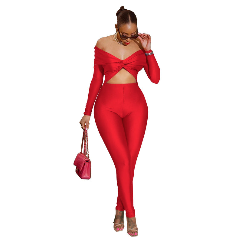 Clothing Collared Twist Hollow Out Cutout Cropped High Waist Long Sleeve Jumpsuit