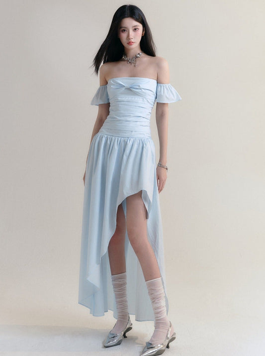 Pale Blue Off-shoulder Ruched Maxi Dress With Asymmetrical Hem