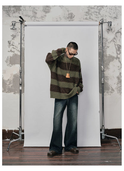 Irregular Wide-striped Oversized Round Neck Sweater