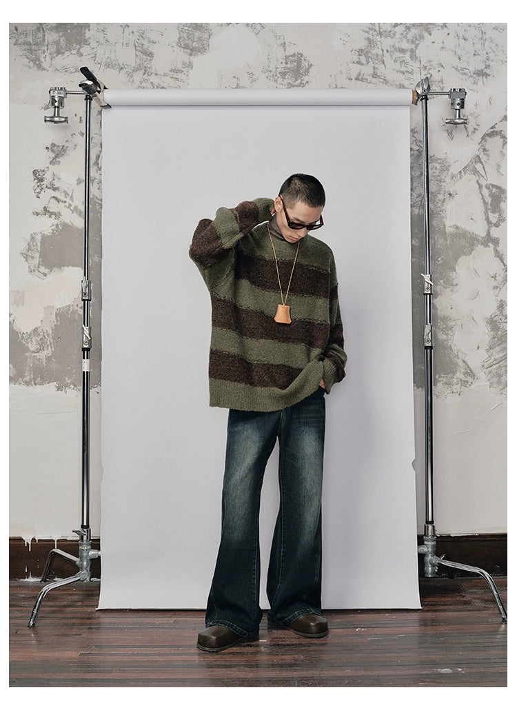 Irregular Wide-striped Oversized Round Neck Sweater