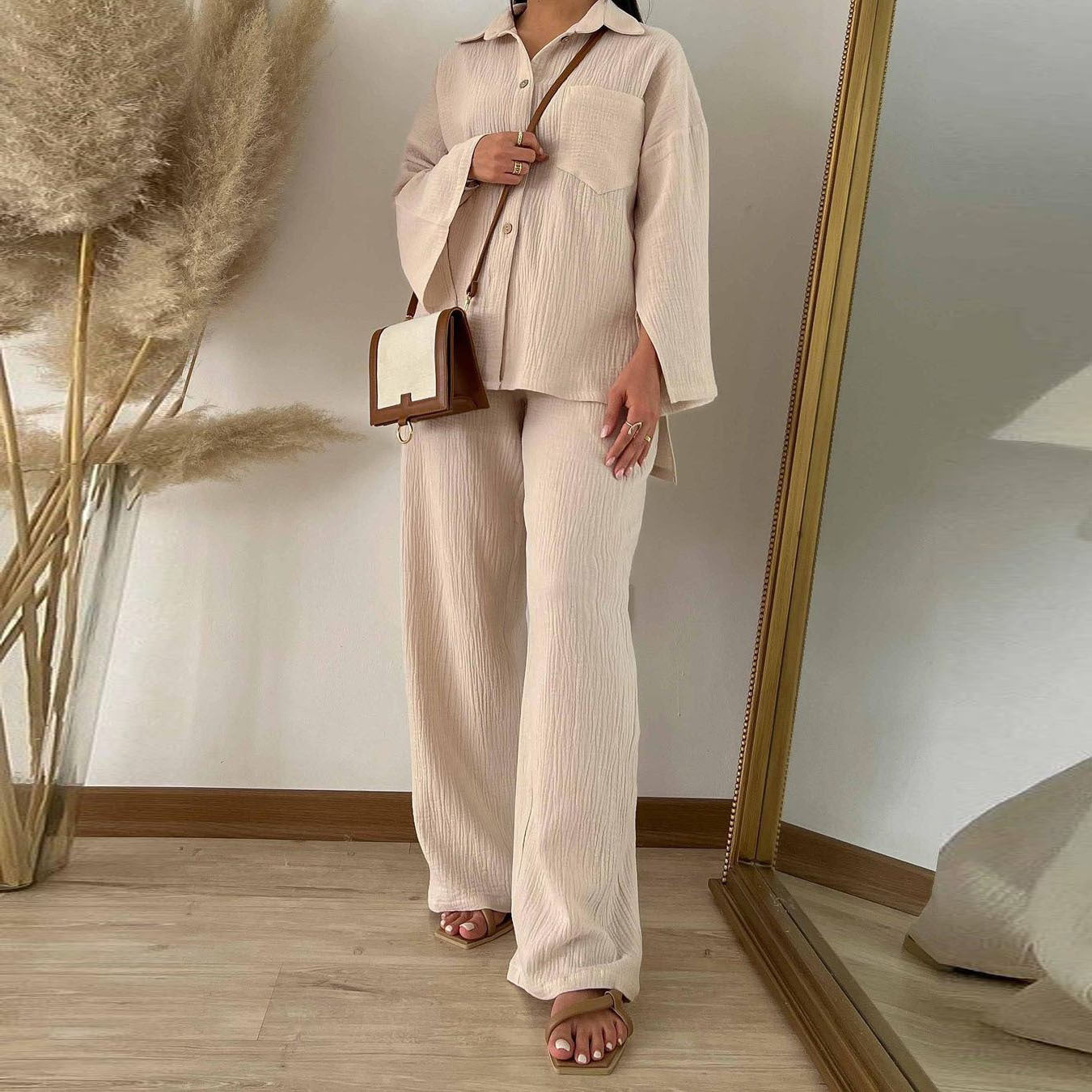 Clothing Autumn Champray Long Sleeve Shirt High Waist Wide Leg Pants Set