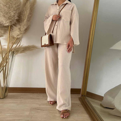Clothing Autumn Champray Long Sleeve Shirt High Waist Wide Leg Pants Set