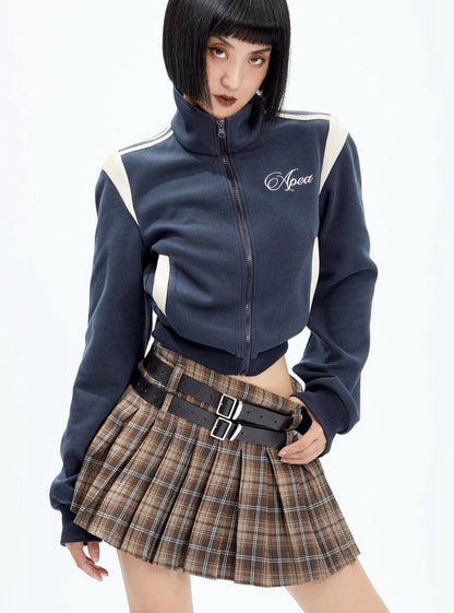 Plaid Pleated Mini Skirt With Double Buckle Belt
