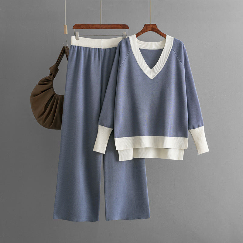 Set Autumn Winter V Neck Contrast Color Knitwear Loose Wide Leg Pants Two Piece Set