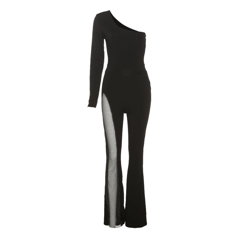 Fall Clothing Shoulder Long Sleeve Mesh Stitching Micro Pull Jumpsuit