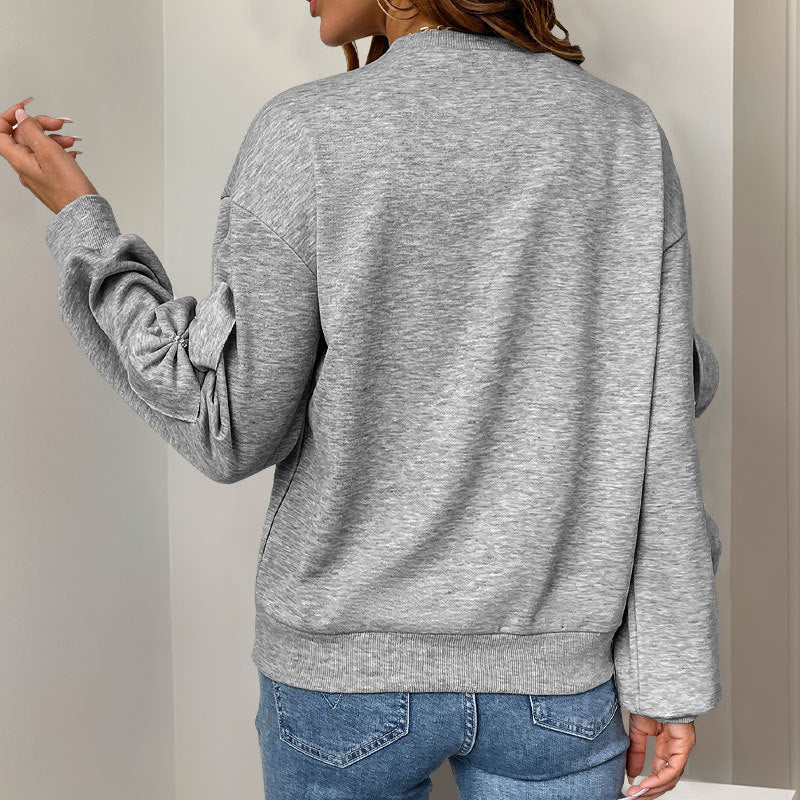 Autumn Bow Stitching Gray Round Collar Sweatshirt