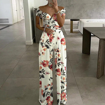 Spring Autumn Clothing Off Shoulder Printing Office Printed Waist Controlled Jumpsuit