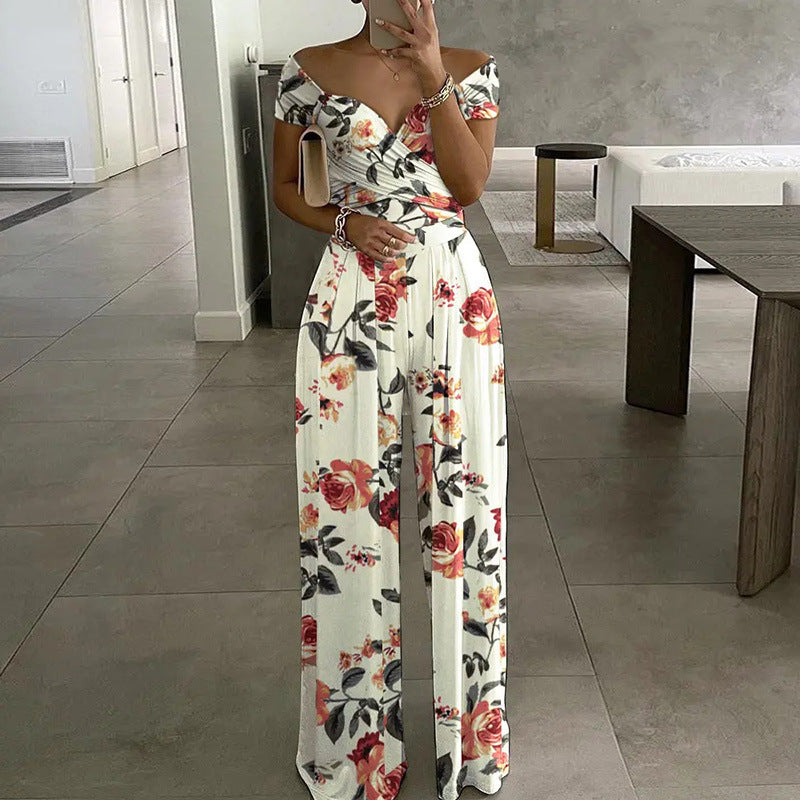 Spring Autumn Clothing Off Shoulder Printing Office Printed Waist Controlled Jumpsuit