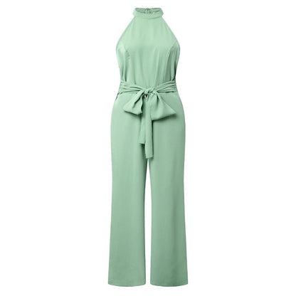 Color Sleeveless Halter High Waist Lace Up Straight Jumpsuit Summer