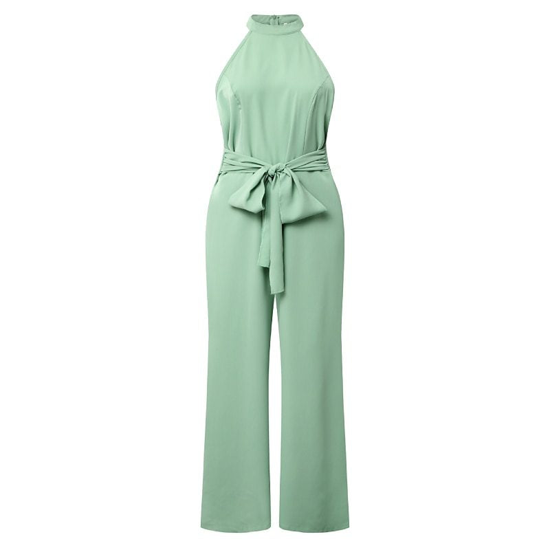 Color Sleeveless Halter High Waist Lace Up Straight Jumpsuit Summer