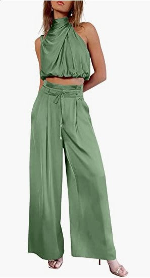 Sleeveless Collar Two Piece Sets Wide Leg Pants Summer Cropped Top