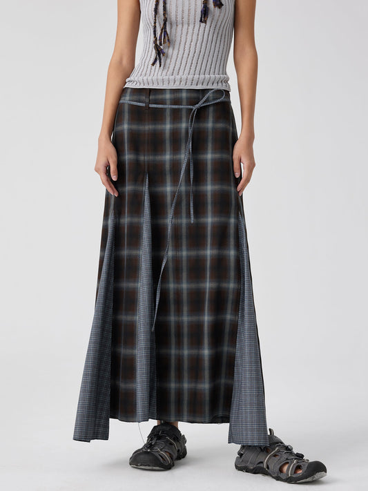 Plaid Asymmetric Panel Mermaid Long Skirt