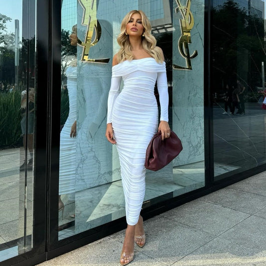 Color Off the Shoulder Maxi Dress Pleated Long Sleeve Dress