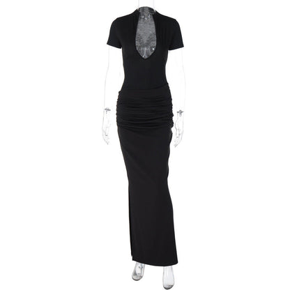 Winter Clothing Deep V Plunge Short Sleeve Color Pleated Maxi Dress