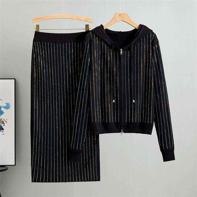Black - Knitted Cardigan & Sweater Two Piece Set