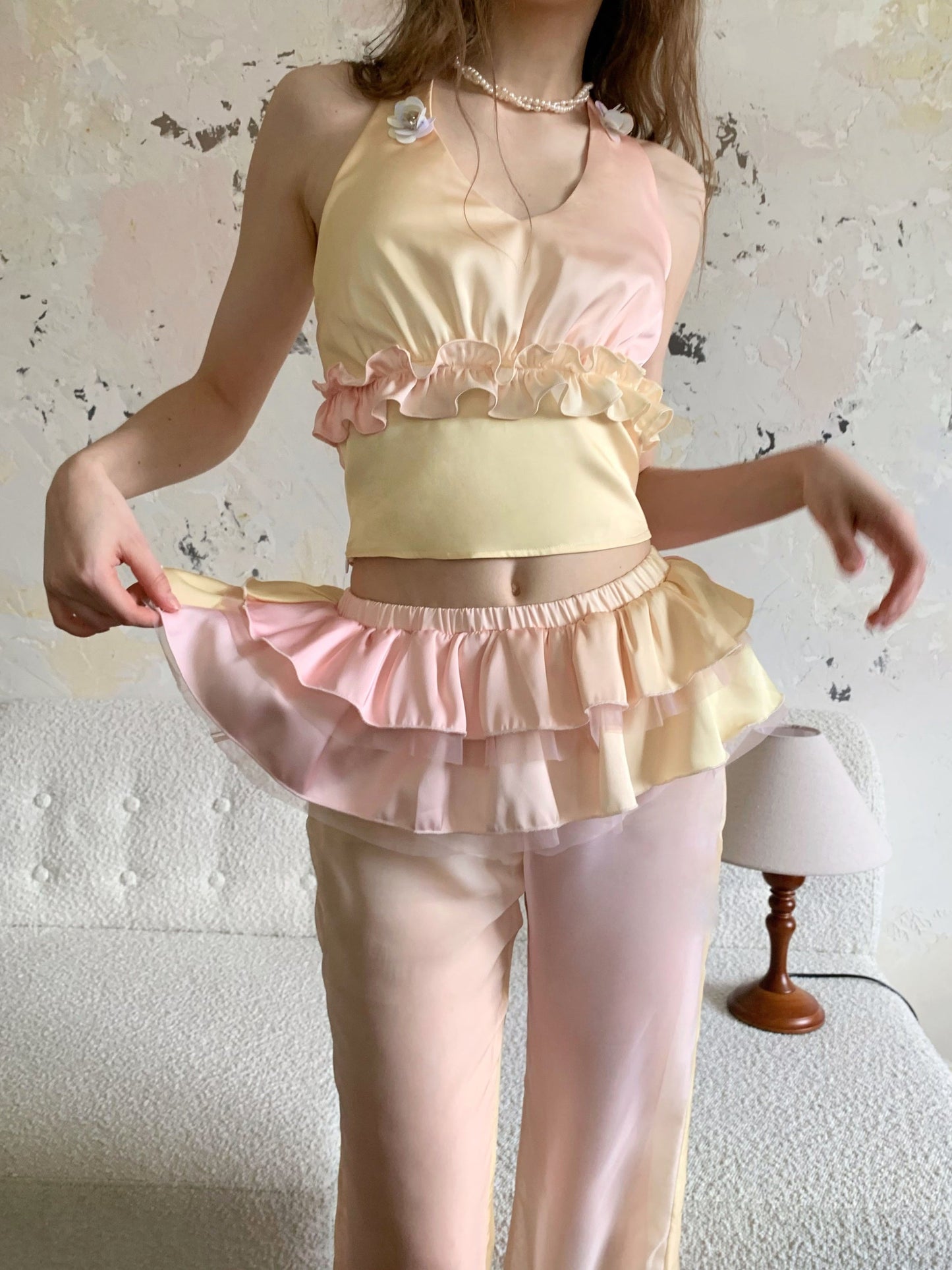 Pink Gradient Ruffle Three-piece Set