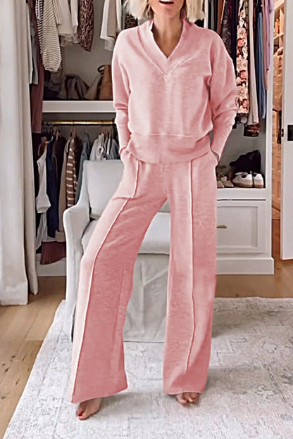 Autumn V Neck Long Sleeve Loose Top Wide Leg Pants Two Piece Set