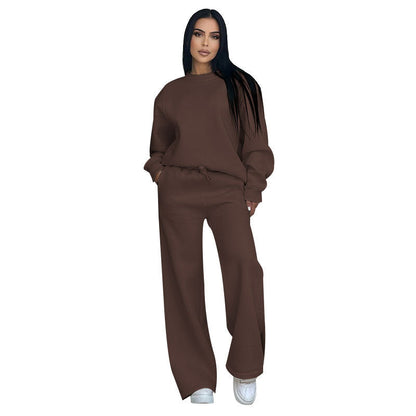 Autumn Winter Color Round Neck Long Sleeve Loose Wear Wide Leg Pants Suit