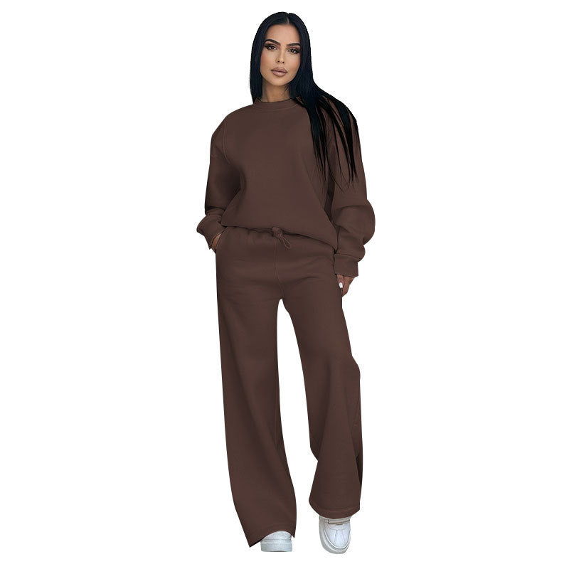 Autumn Winter Color Round Neck Long Sleeve Loose Wear Wide Leg Pants Suit