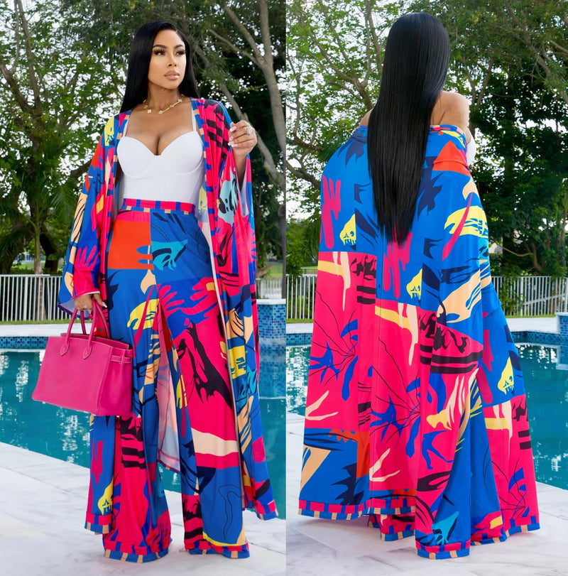 Spring Autumn Set Printed Cardigan Shawl Long Sleeve Wide Leg Trousers Two Piece Set