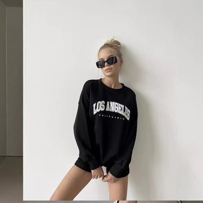 Autumn Winter Printed Loose Sweatshirt Retro Letter Graphic Pattern Fleece Lined Long Sleeve Top