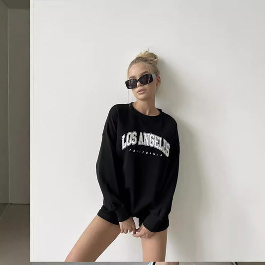 Autumn Winter Printed Loose Sweatshirt Retro Letter Graphic Pattern Fleece Lined Long Sleeve Top
