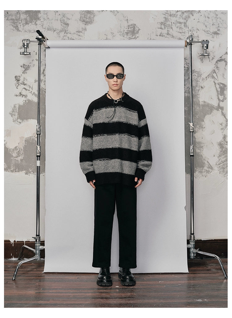 Irregular Wide-striped Oversized Round Neck Sweater