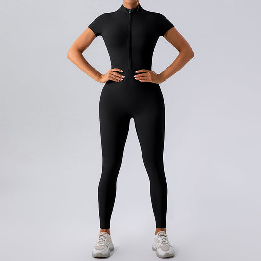 Zipper Short Sleeve Nude Feel Yoga Jumpsuit Outer Wear Workout Exercise Pants One Piece Tights