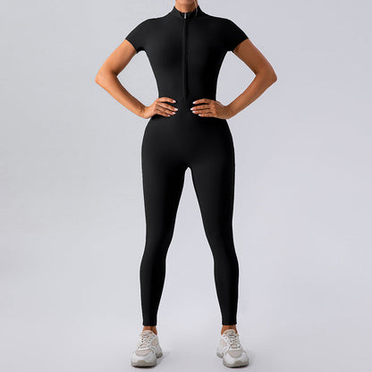 Zipper Short Sleeve Nude Feel Yoga Jumpsuit Outer Wear Workout Exercise Pants One Piece Tights
