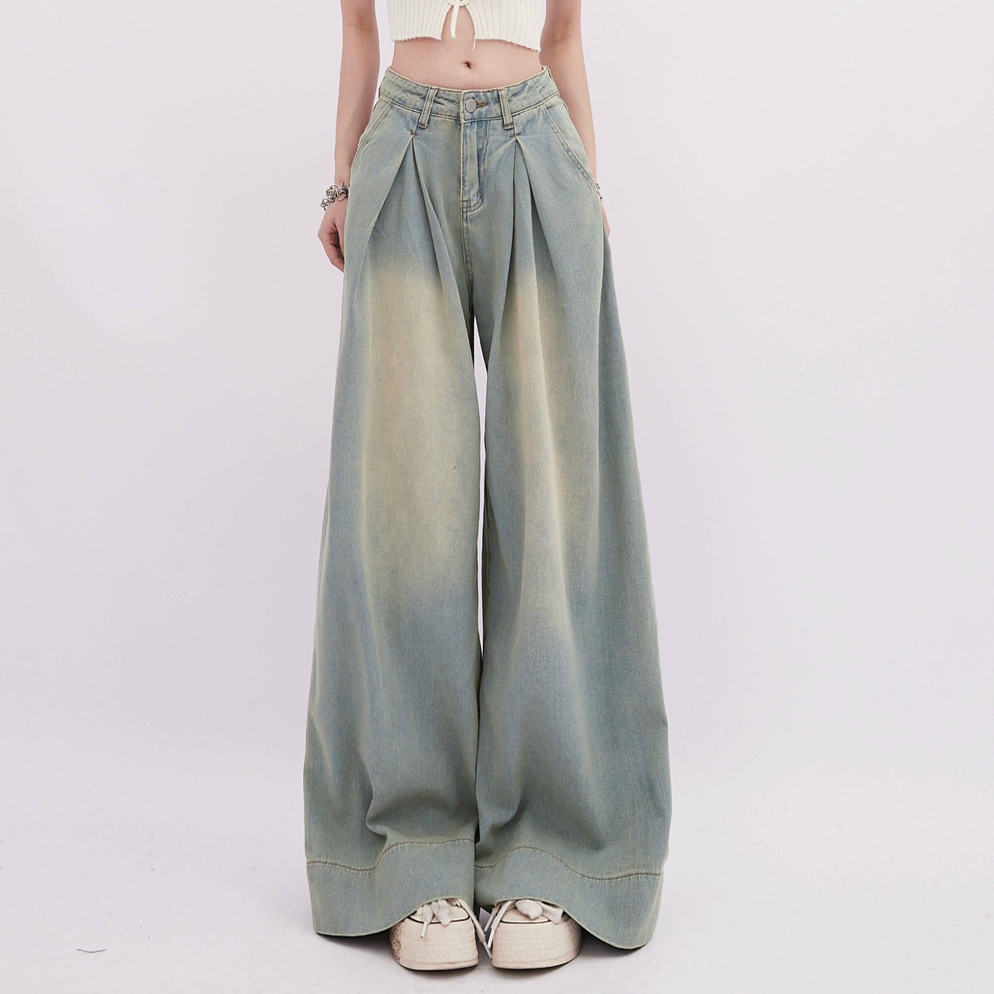 Rayohopp Ultra Wide-leg Denim Palazzo Pants - High-waisted Pleated Jeans With Faded Wash