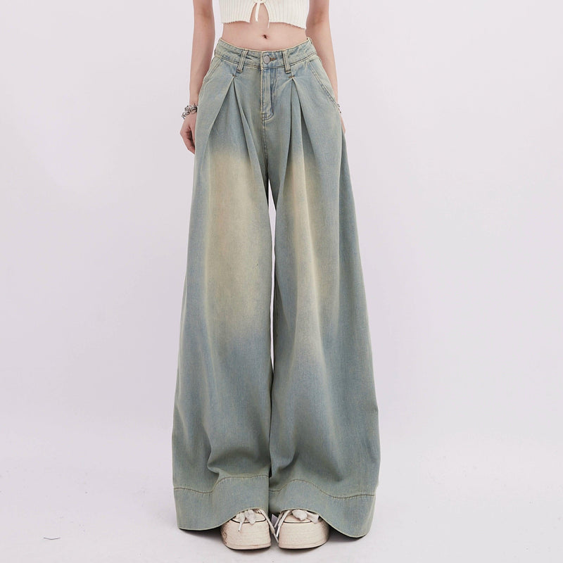 Rayohopp Ultra Wide-leg Denim Palazzo Pants - High-waisted Pleated Jeans With Faded Wash