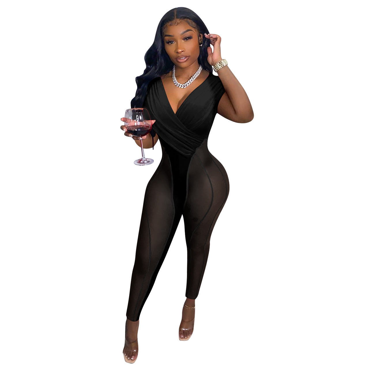 Clothing Spring Summer Arrival Supply Mesh Velvet Stitching Jumpsuit