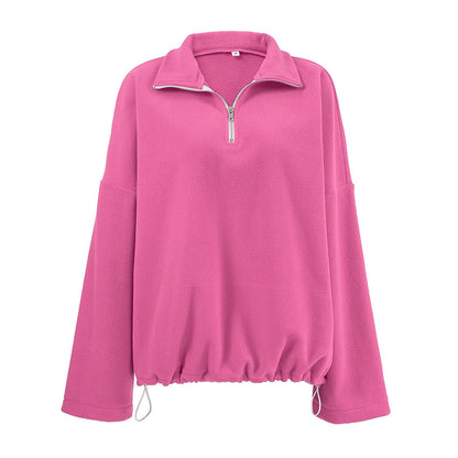 Autumn Winter Pink Collared Fleece Sweatshirt Lamb Wool Tops