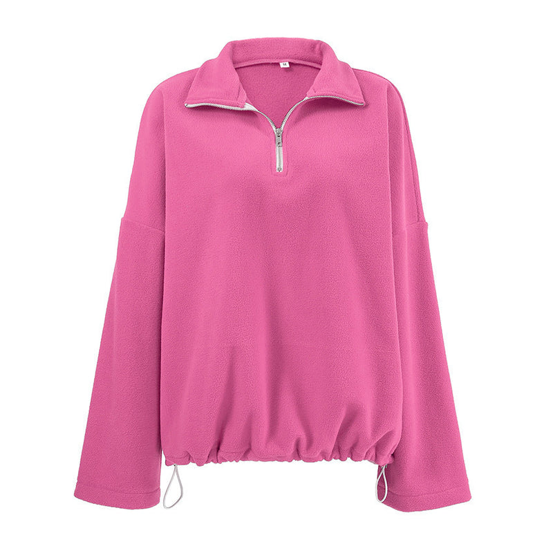 Autumn Winter Pink Collared Fleece Sweatshirt Lamb Wool Tops