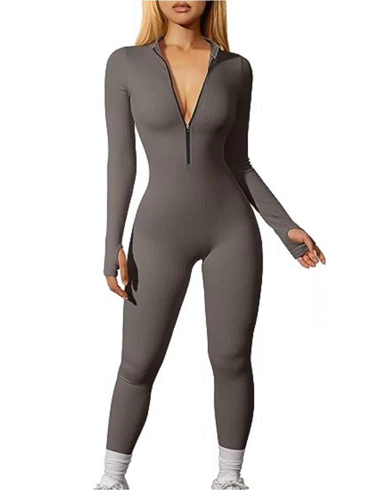 Sports Jumpsuit Workout Ribbed Long Sleeve Zipper Jumpsuit Trousers Tight